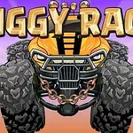 Un camion monstru galben cu roți mari și robuste, având un lanț metalic pe bara de protecție, sub un titlu mare BIGGY RACE pe fundal violet-portocaliu