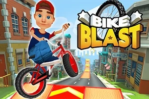 Un băiat cu șapcă roșie face o acrobație pe bicicletă într-un oraș animat, în fața unui semn cu textul BIKE BLAST