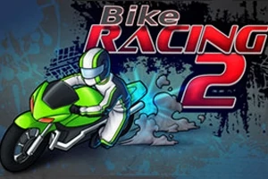 Motociclist cu cască albă pe o motocicletă verde, pe fundal cu text stilizat Bike Racing 2