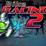 Motociclist cu cască albă pe o motocicletă verde, pe fundal cu text stilizat Bike Racing 2