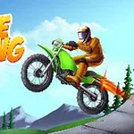 Un motociclist în costum portocaliu efectuează o săritură pe o motocicletă verde în fața unui peisaj montan, cu textul BIKE RACING în stânga