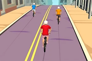 Trei persoane merg pe biciclete pe o stradă urbană cu două benzi, purtând tricouri de culori diferite