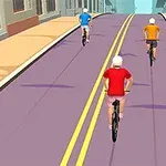 Trei persoane merg pe biciclete pe o stradă urbană cu două benzi, purtând tricouri de culori diferite