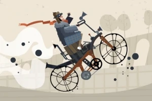 Personaj stilizat pe o bicicletă neobișnuită, purtând o pălărie și o eșarfă roșie, într-un peisaj abstract