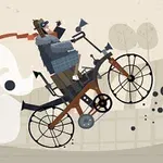 Personaj stilizat pe o bicicletă neobișnuită, purtând o pălărie și o eșarfă roșie, într-un peisaj abstract