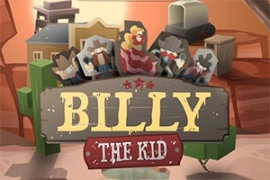 Ilustrație stilizată cu un semn de lemn pe care scrie Billy the Kid, înconjurat de personaje pixelate în stil western