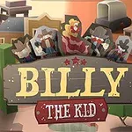 Ilustrație stilizată cu un semn de lemn pe care scrie Billy the Kid, înconjurat de personaje pixelate în stil western