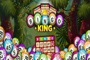 Bile colorate cu numere și cuvântul BINGO dispuse într-un fundal de junglă cu un tabel de bingo vizibil