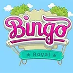 Logo colorat cu textul Bingo Royal pe un fundal albastru cu nori și tufe verzi