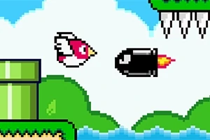 Un personaj de tip pasăre pixelată zboară lângă un glonț negru cu flacără, înconjurat de elemente de peisaj precum nori, o țeavă verde și vârfuri periculoase