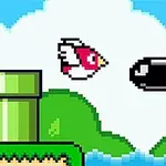 Un personaj de tip pasăre pixelată zboară lângă un glonț negru cu flacără, înconjurat de elemente de peisaj precum nori, o țeavă verde și vârfuri periculoase