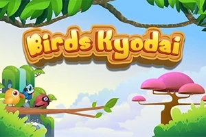 Textul Birds Kyodai într-un stil colorat, cu păsări desenate pe o creangă și un peisaj stilizat, cu copaci roz și verde, în fundal