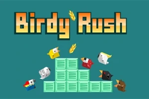 Păsări colorate și lăzi verzi aranjate în trepte cu titlul Birdy Rush deasupra