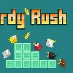 Păsări colorate și lăzi verzi aranjate în trepte cu titlul Birdy Rush deasupra