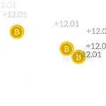 Monede Bitcoin aurii pe un fundal alb cu cifre și simboluri plus