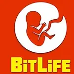 Un fundal roșu cu un făt stilizat într-un cerc alb și textul BitLife dedesubt în galben