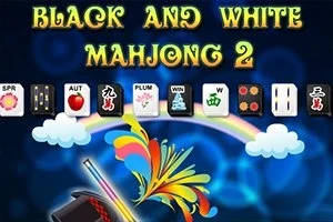 Titlu colorat, piese de mahjong și elemente decorative precum nori și pălărie magică pe un fundal albastru