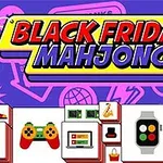 Ilustrație colorată cu titlul Black Friday Mahjong înconjurat de iconițe de produse precum ceasuri, camere foto și console de jocuri