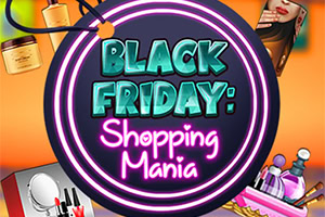 Semn rotund cu inscripția Black Friday: Shopping Mania pe fundal portocaliu, înconjurat de produse cosmetice și accesorii