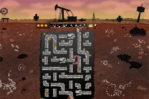 Imaginea prezintă un peisaj subteran cu țevi și instalații de foraj pentru petrol, pe fundalul unui apus de soare