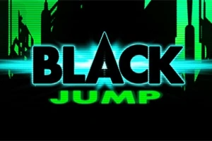 Text stilizat cu BLACK JUMP pe un fundal neon verde, cu siluete de oraș futurist