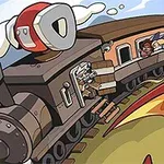 Un tren animat cu fum alb care iese din coș, având mai multe personaje și un dragon mic în vagon
