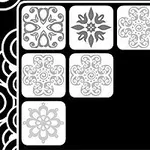 Șapte modele decorative albe și gri pe un fundal negru, dispuse în două rânduri