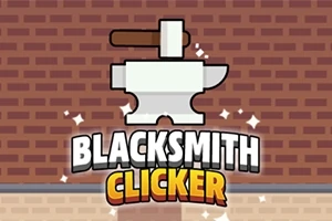 O nicovală albă și un ciocan deasupra unui fundal de cărămidă, cu textul BLACKSMITH CLICKER în partea de jos