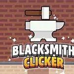 O nicovală albă și un ciocan deasupra unui fundal de cărămidă, cu textul BLACKSMITH CLICKER în partea de jos