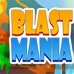 Text colorat Blast Mania pe un fundal cu un vulcan, palmieri și o cascadă sub soare