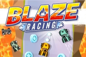Logo colorat cu textul Blaze Racing deasupra unei piste de curse stilizate, înconjurată de mașini colorate și elemente grafice