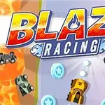 Logo colorat cu textul Blaze Racing deasupra unei piste de curse stilizate, înconjurată de mașini colorate și elemente grafice