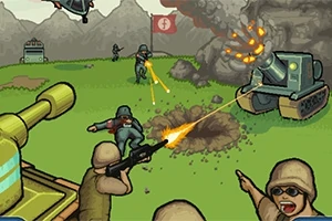 Scene de luptă de desene animate, cu soldați și tancuri, unde are loc o explozie pe un câmp cu fundal muntos
