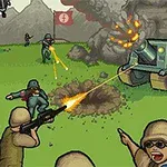Scene de luptă de desene animate, cu soldați și tancuri, unde are loc o explozie pe un câmp cu fundal muntos