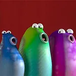 Patru creaturi animate, colorate în nuanțe vibrante de portocaliu, albastru, verde și violet, cu ochi mari și guri deschise, pe un fundal roșu