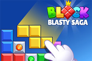 Ilustrație cu blocuri colorate și un deget mare stilizat ce indică, cu titlul „Block Blasty Saga” scris deasupra