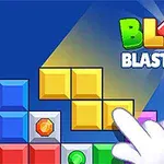 Ilustrație cu blocuri colorate și un deget mare stilizat ce indică, cu titlul „Block Blasty Saga” scris deasupra