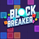 Logo colorat cu textul Block Breaker și fundal de blocuri multicolore pe un fundal albastru închis