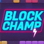 Text albastru cu roz electric care scrie BLOCK CHAMP pe un fundal cu blocuri colorate în albastru, verde, galben și mov