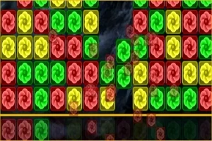 Blocuri colorate de roșu, galben și verde cu simboluri în formă de flori rotative pe un fundal întunecat