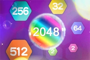 Bule colorate cu valori numerice variate, inclusiv 2048, pe un fundal violet