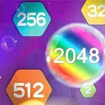 Bule colorate cu valori numerice variate, inclusiv 2048, pe un fundal violet
