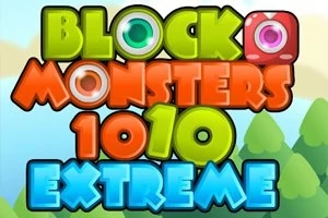 Textul Block Monsters 1010 Extreme este afișat în culori vibrante, cu un fundal de copaci verzi