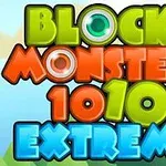 Textul Block Monsters 1010 Extreme este afișat în culori vibrante, cu un fundal de copaci verzi