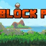 Un personaj mic pe un fundal de insulă tropicală, cu textul „BLOCK PILE” în litere mari și portocalii în prim plan