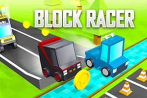Două mașini bloc stilizate pe o pistă colorată cu monede și conuri de trafic, subtextul BLOCK RACER deasupra