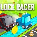 Două mașini bloc stilizate pe o pistă colorată cu monede și conuri de trafic, subtextul BLOCK RACER deasupra