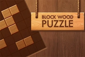 Tabel de puzzle din lemn cu blocuri și un semn de lemn suspendat cu textul „Block Wood Puzzle”
