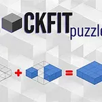 Text stilizat BLOCKFIT puzzler cu imagini de blocuri albastre pe un fundal geometric