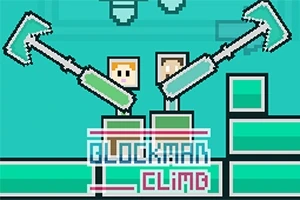 Două personaje pixelate folosind cârlige se cațără pe structuri dreptunghiulare verzi, cu textul Blockman Climb în partea de jos
